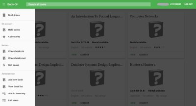 The menu for administrators shows the ability to loan books, sell books, or manage inventory
